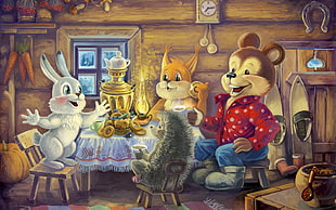 illustration of forest critters in house cabin